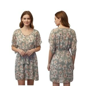 MAUDE Floral Kimono Sleeve Mini Dress Sage Green Pink Smocked Waist Boho Chic